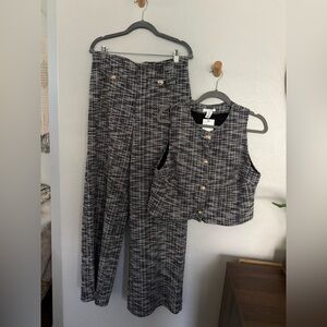 Boucle Wide-Leg Pants & Vest Set - Black/White size medium